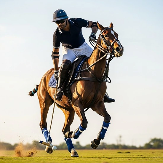 Model wearing Polo Tribe Apparel polo T-shirt on horseback